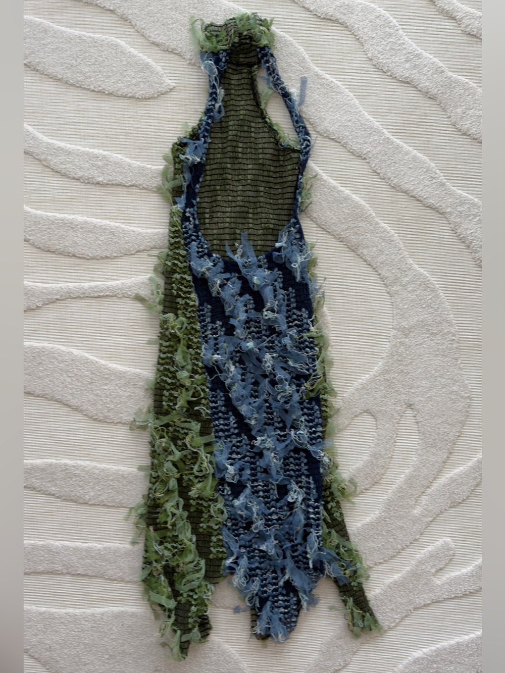 Mesh Halterneck Open Back Detail Textured Midaxi Dress In Blue/Green Woven - Picture 4 of 5